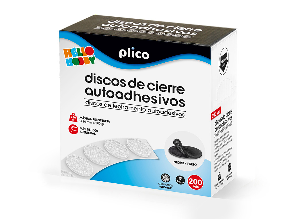 FITA DE FECHO PLICO VELCRO AUTOADESIVO 20 MM DIAMETRO COR PRETO CAIXA DE 200 UNIDADES