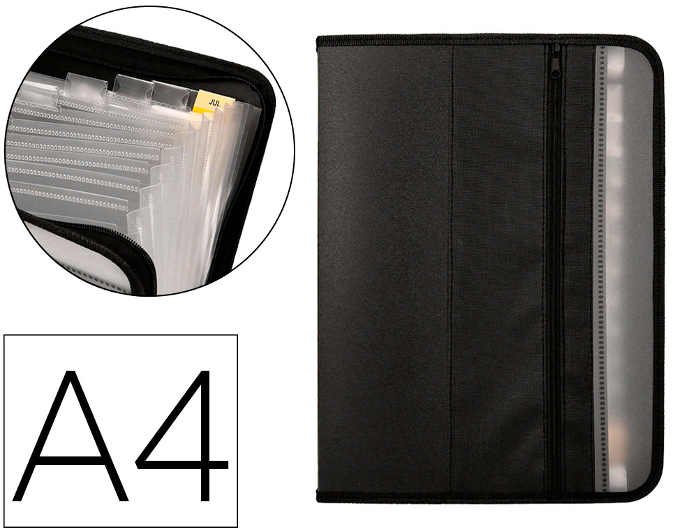 PASTA LIDERPAPEL CLASSIFICADORA COM FOLE POLIPROPILENO A4 13 DEPARTAMENTOS FECHO DE CORRER BOLSO EXTERIOR PRETO
