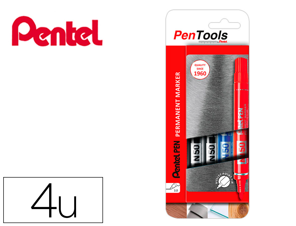 BLISTER MARCADOR PENTEL PENTOOLS PERMANENTE N50 PONTA DE 3 MM REDONDA COM 4 CORES SORTIDAS