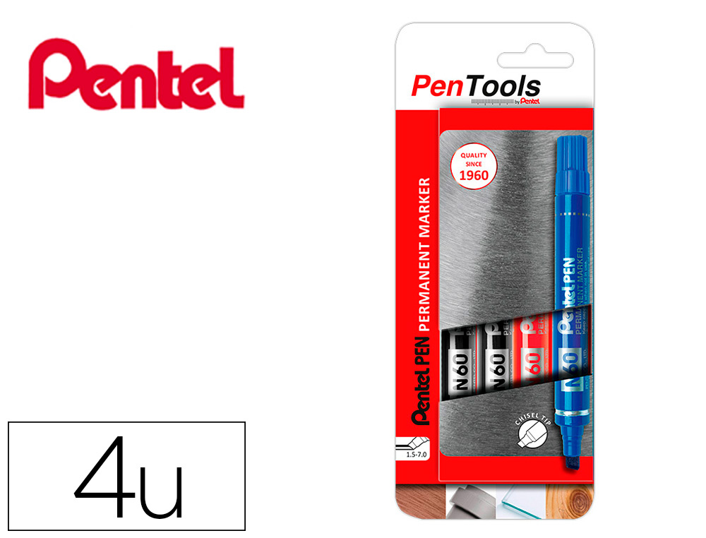 BLISTER MARCADOR PENTEL PENTOOLS PERMANENTE N60 PONTA DE 1,5 MM BISELADA COM 4 CORES SORTIDAS