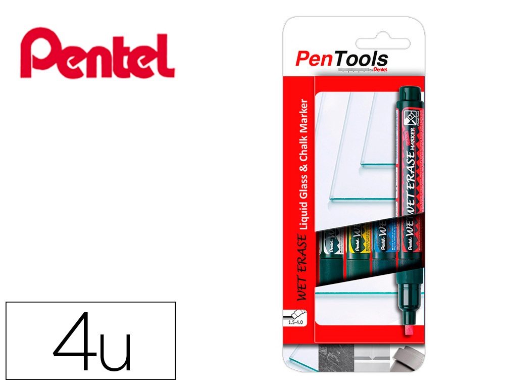 BLISTER MARCADOR PENTEL PENTOOLS WET ERASE PONTA DE 1,5-4 MM BISELADA COM 4 UNIDADES CORES SORTIDAS