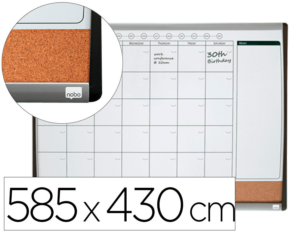 PLANIFICADOR MENSAL NOBO MAGNETICO + TABULEIRO DE CORTICA HORIZONTAL COM MOLDURA ARQUEADA PRATA E PRETO 585X430 MM
