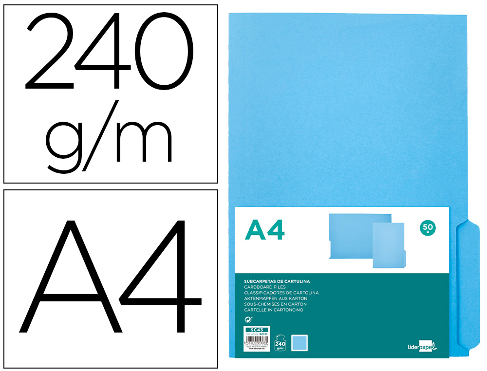 CLASSIFICADOR LIDERPAPEL EM CARTOLINA DIN A4 PESTANA DIREITA 240G/M2 AZUL