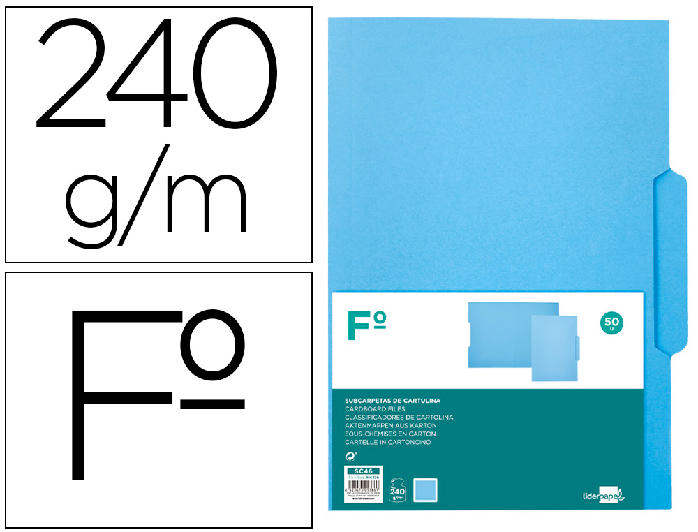 CLASSIFICADOR LIDERPAPEL EM CARTOLINA FOLIO PESTANA CENTRAL 240G/M2 AZUL