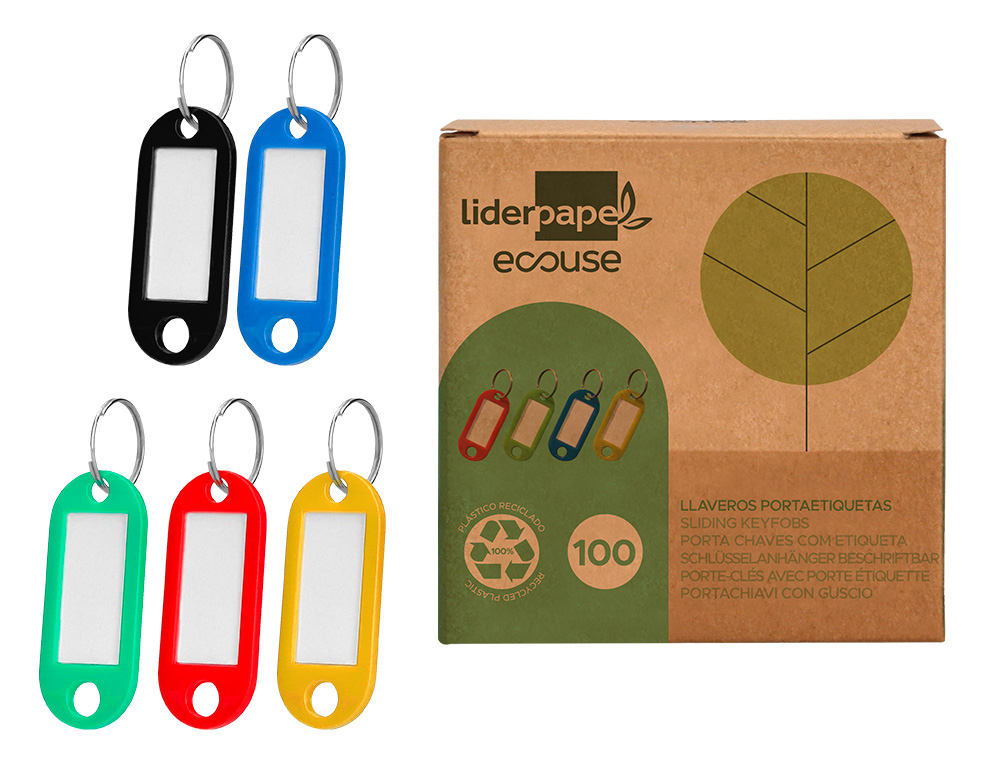 CHAVEIRO PORTA-ETIQUETAS LIDERPAPEL ECOUSE FABRICADO EM PLASTICO RECICLADO EXPOSITOR DE 100 UNIDADES CORES SORTIDAS