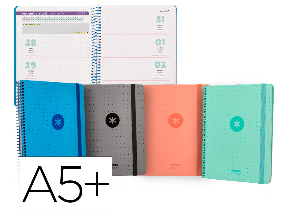 AGENDA ESCOLAR ANTARTIK 23-24 SEMANA VISTA A5+ PAPEL 100 GR 156 PAG ENVELOPE MARCADOR DE PAG E AUTOCOLANTES SORTIDAS