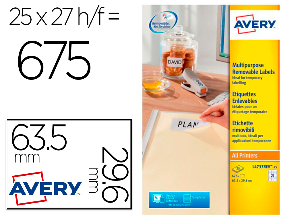 ETIQUETA ADESIVA AVERY BRANCA REMOVIVEL IMPRESSORA LASER INJECAO DE TINTA E FOTOCOPIADORA 63,5X29,6 MM CAIXA DE 675 UDS