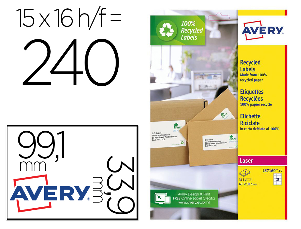 ETIQUETA ADESIVA AVERY BRANCA PERMANENTE RECICLADA 100% PARA IMPRESSORA LASER 99,1X33,9 MM CAIXA DE 240 UNIDADES