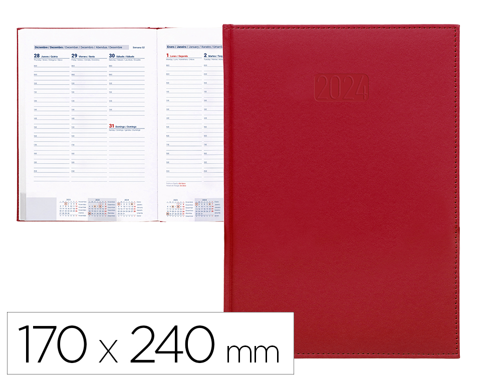 AGENDA ENCADERNADA LIDERPAPEL CRETA 17X24 CM 2024 SEMANA VISTA PAPEL 70 GR COR VERMELHO