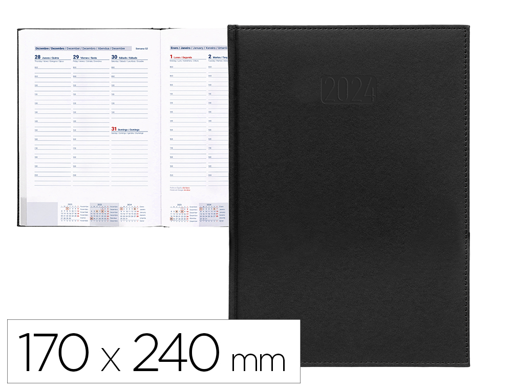 AGENDA ENCADERNADA LIDERPAPEL CRETA 17X24 CM 2024 SEMANA VISTA PAPEL 70 GR COR PRETO