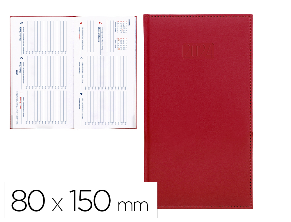 AGENDA ENCADERNADA LIDERPAPEL CRETA 8X15 CM 2024 SEMANA VISTA PAPEL 70 GR COR VERMELHO