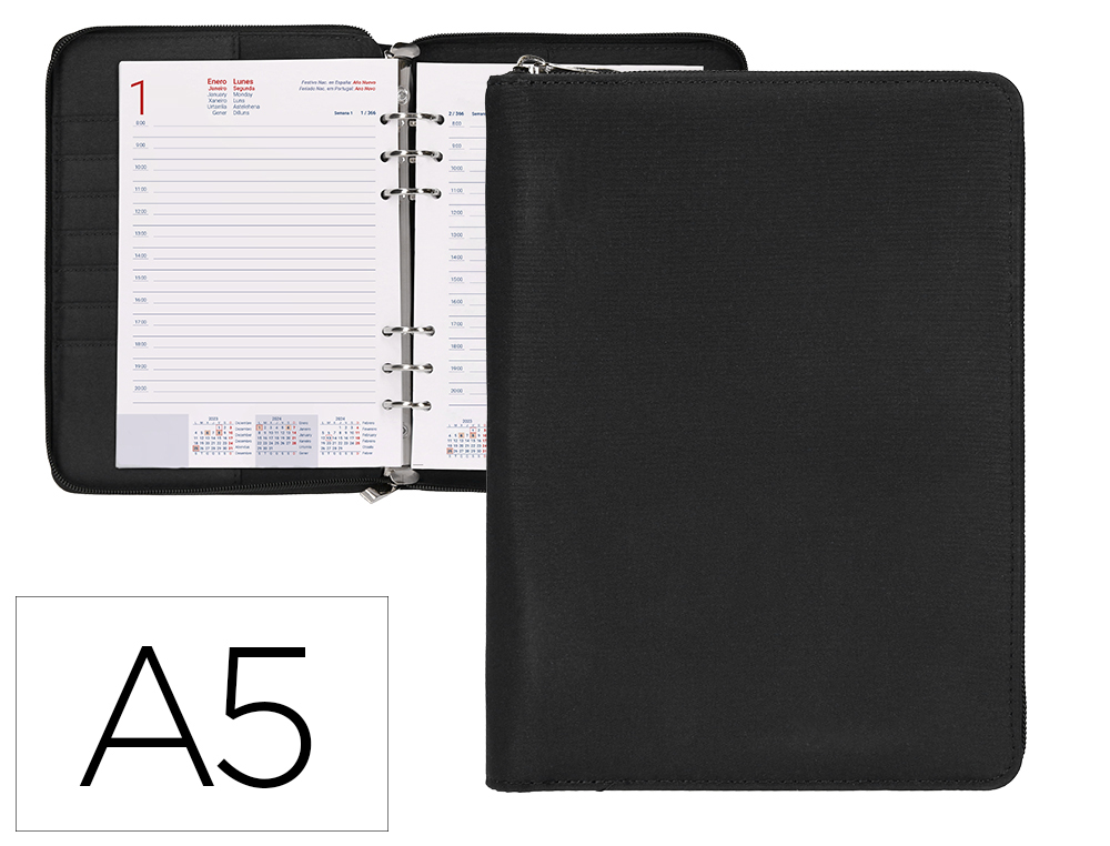 AGENDA DE ANEIS LIDERPAPEL TARENTO 15X21 CM 2024 DIA PAGINA NYLON PAPEL 70 GR COR PRETO