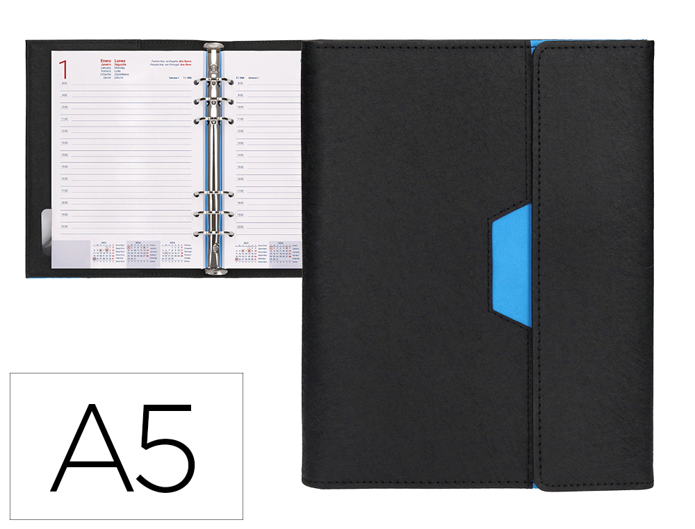AGENDA DE ANEIS LIDERPAPEL NERO 15X21 CM 2024 DIA PAGINA PAPEL 70 GR COR PRETO/AZUL