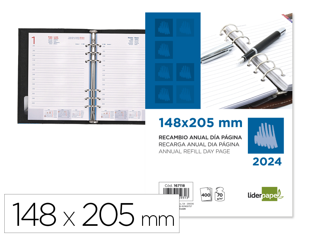 RECARGA AGENDA DE ANEIS LIDERPAPEL 14,8X20,5 CM 2024 DIA PAGINA PAPEL 70 GR