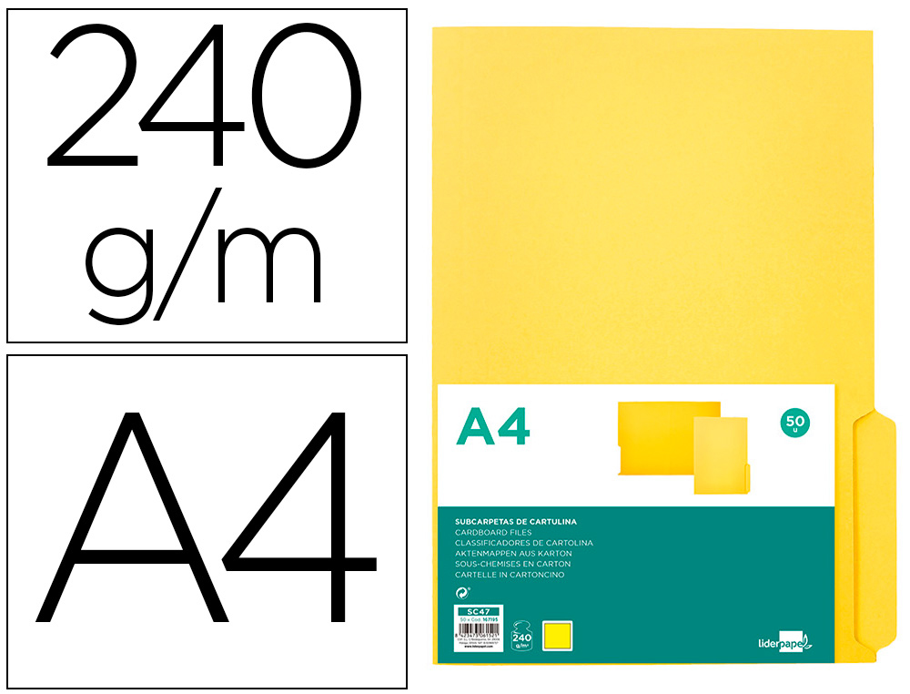 CLASSIFICADOR CARTOLINA LIDERPAPEL A4 PESTANA SUPERIOR 240G/M2 AMARELO