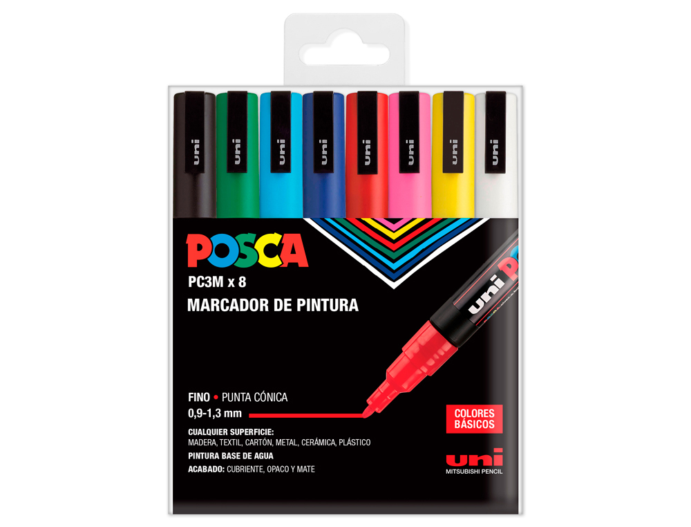 MARCADOR UNI POSCA PC-3M/8C DE PINTURA PONTA CONICA 0,9-1,3 MM ESTOJO DE 8 UNIDADES CORES BASICAS