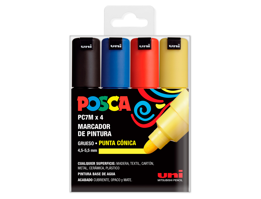 MARCADOR UNI POSCA PC-7M/4C DE PINTURA PONTA CONICA 4,5-5,5 MM ESTOJO DE 4 UNIDADES CORES BASICAS