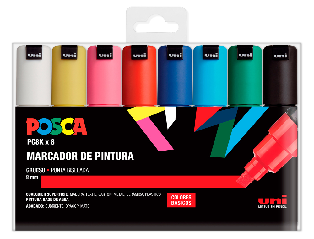 MARCADOR UNI POSCA PC-8K/8C DE PINTURA PONTA BISELADA 8 MM ESTOJO DE 8 UNIDADES CORES BASICAS