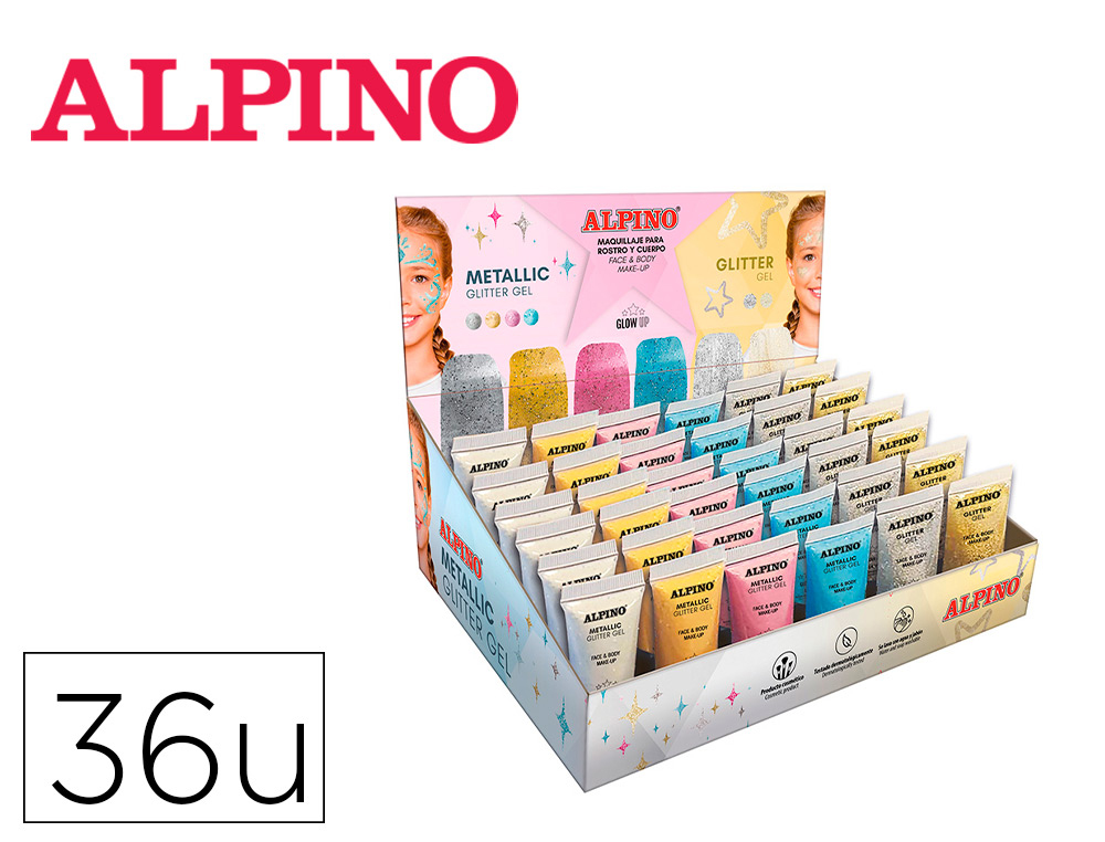 EXPOSITOR ALPINO GEL MAQUILHAGEM 24 GLITTTER GEL METALICO + 12 GLITTER GEL