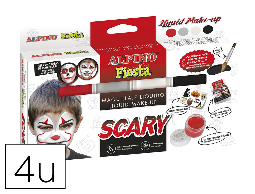 BARRA DE MAQUILHAGEM ALPINO SCARY CAIXA DE 4 CORES SORTIDAS + PINCEL + FOLHETO