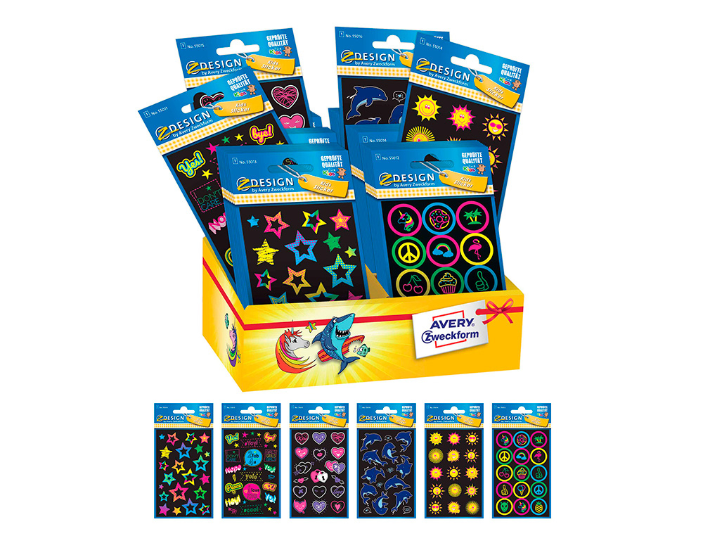 AUTOCOLANTES AVERY NEON 6 MODELOS DIFERENTES EXPOSITOR DE 60 BLISTER SORTIDOS