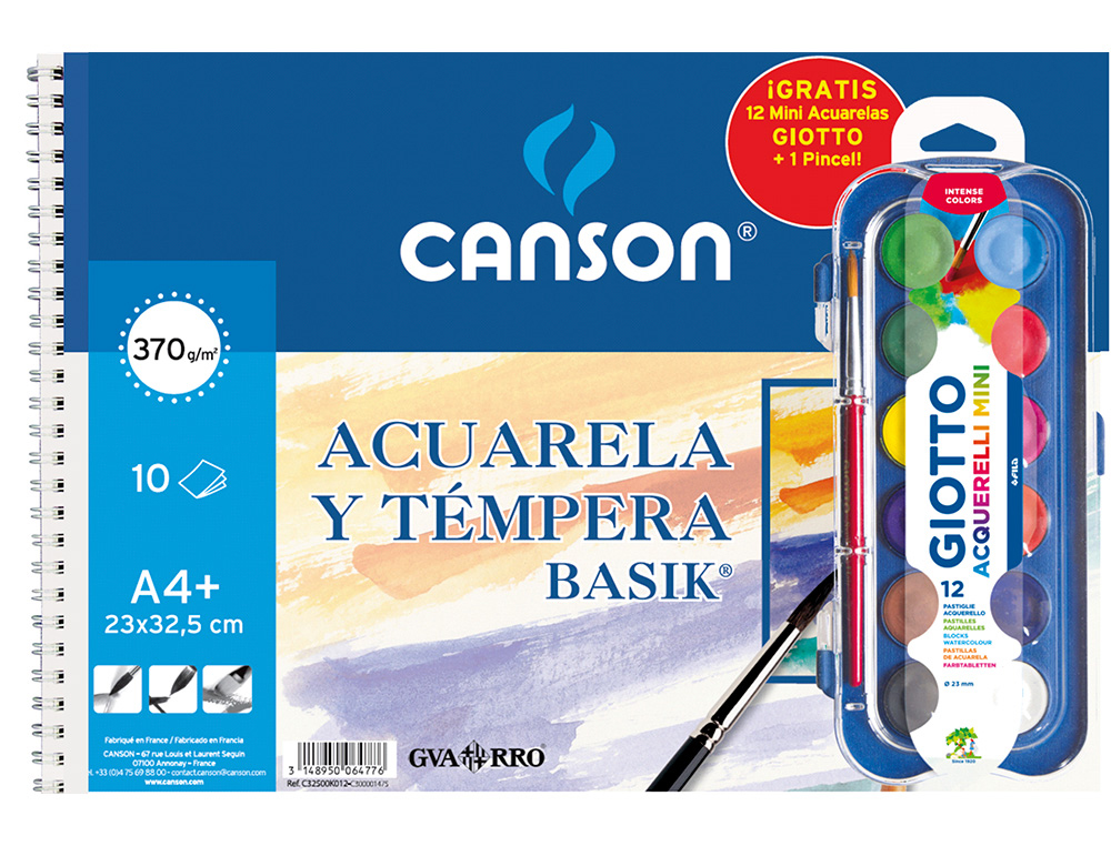 PAPEL AQUARELA BASIK CANSON DIN A4+ 23X32,5CM 370 GR EMBALAGEM DE 10 FOLHAS + AQUARELA GIOTTO 12 CORES SORTIDAS
