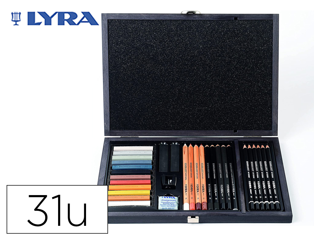 CONJUNTO DE DESENHO LYRA ESTOJO DE MADEIRA COM 31 PECAS SORTIDAS