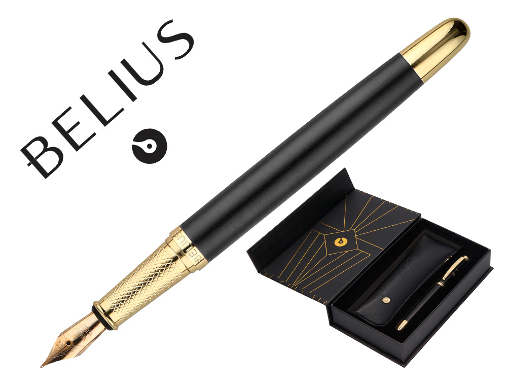 CANETA E ESTOJO BELIUS SOIREE DESENHO ART DECO PRETO E DOURADO TINTA AZUL CAIXA DESIGN