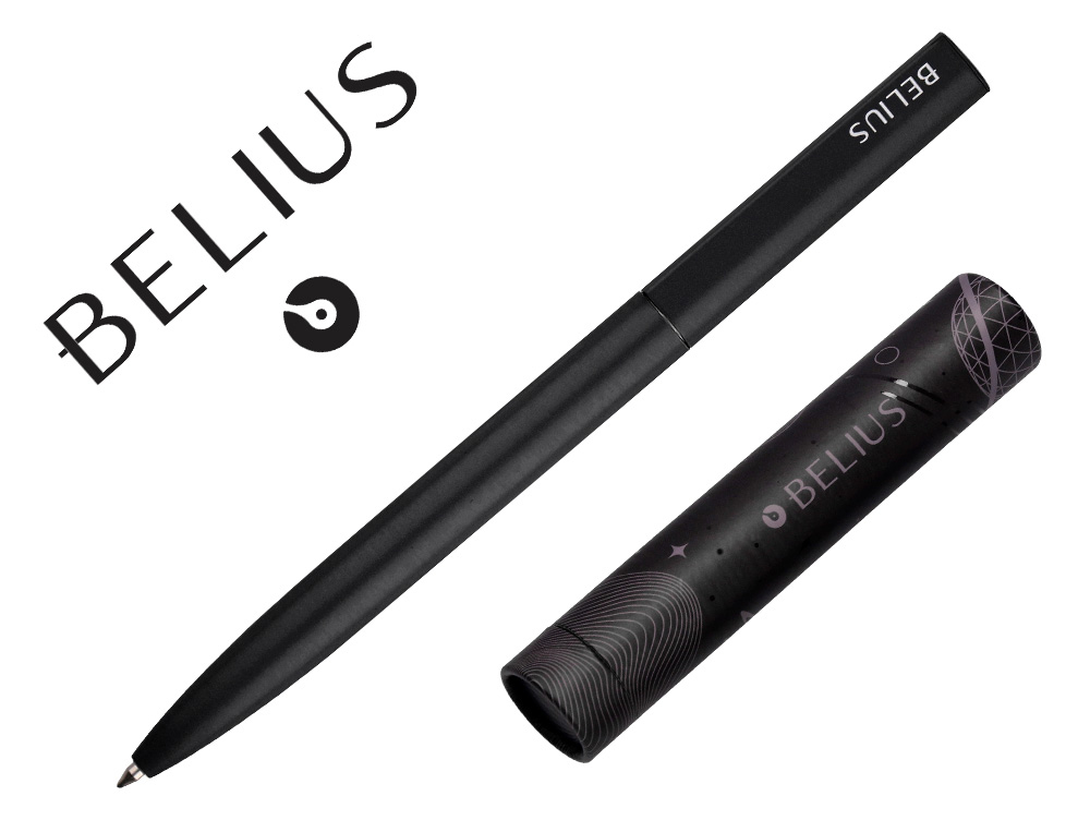 ESFEROGRAFICA BELIUS ROCKET B ALUMINIO DESENHO MINIMALISTA PRETO CAIXA CILINDRICA TINTA AZUL
