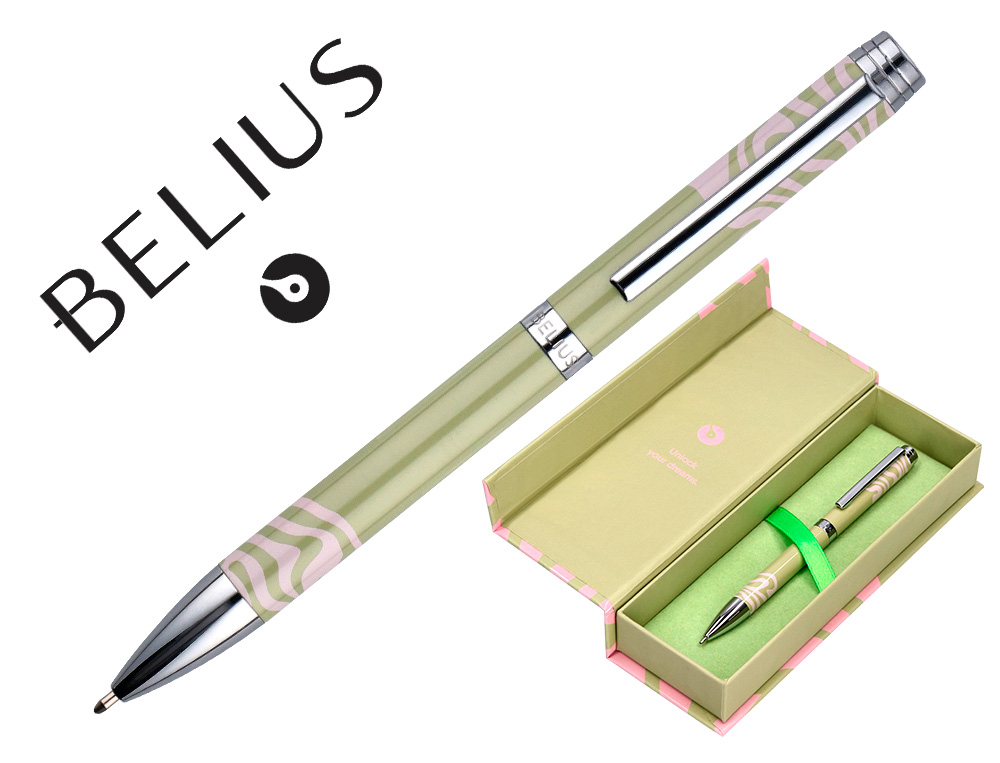 ESFEROGRAFICA BELIUS INK DREAMS ALUMINIO DESENHO VERDE MATCHA E ROSA PRATEADO FRASE INTERIOR CAIXA DESIGN TINTA AZUL