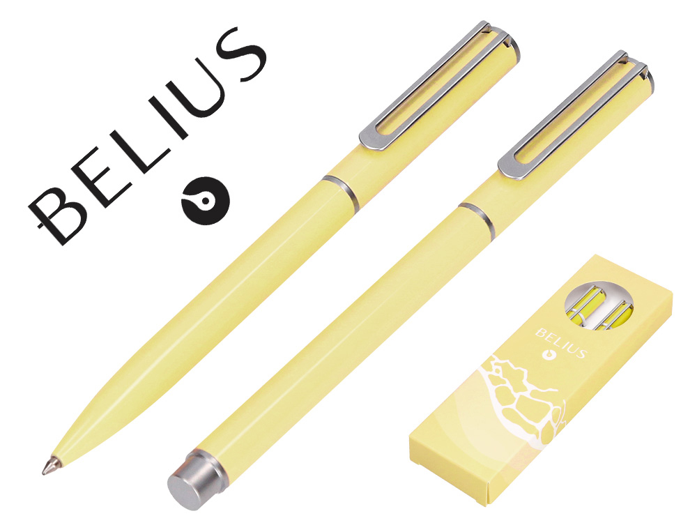 CONJUNTO ESFEROGRAFICA E ROLLER BELIUS ENDLESS SUMMER ALUMINIO DESENHO AMARELO E PRATEADO TINTA AZUL CAIXA DESIGN
