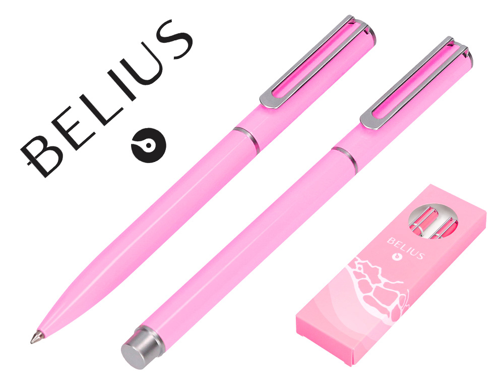 CONJUNTO ESFEROGRAFICA E ROLLER BELIUS ENDLESS SUMMER ALUMINIO DESENHO ROSA E PRATEADO TINTA AZUL CAIXA DESIGN