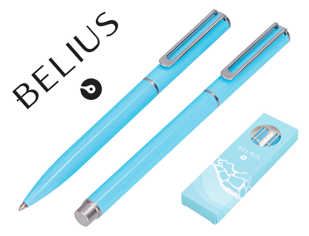 CONJUNTO ESFEROGRAFICA E ROLLER BELIUS ENDLESS SUMMER ALUMINIO DESENHO AZUL E PRATEADO TINTA AZUL CAIXA DESIGN