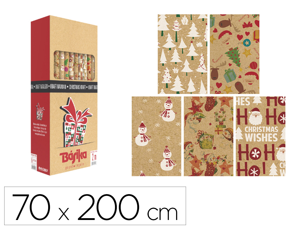 PAPEL FANTASIA BASIKA KRAFT NATAL ROLO LARGURA 70 CM COMPRIMENTO 2 M DESENHOS SORTIDOS GRAMAGEM 50 GR