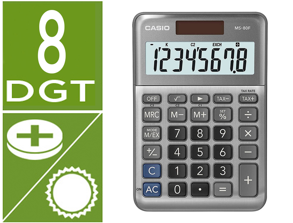 CALCULADORA CASIO MS-80F DE SECRETARIA 8 DIGITOS TAX +/- COR PRATA