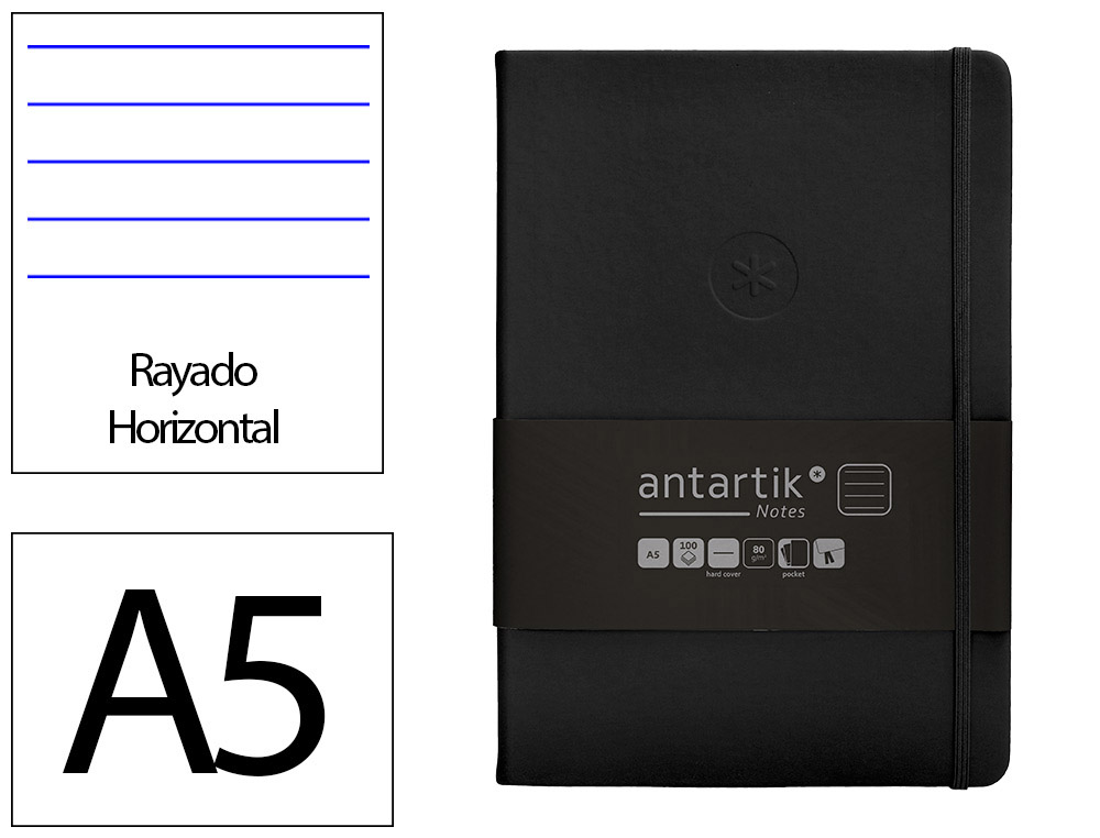CADERNO COM ELASTICO ANTARTIK NOTES CAPA DURA A5 PAUTADO PRETO 100 FOLHAS 80 GR FSC