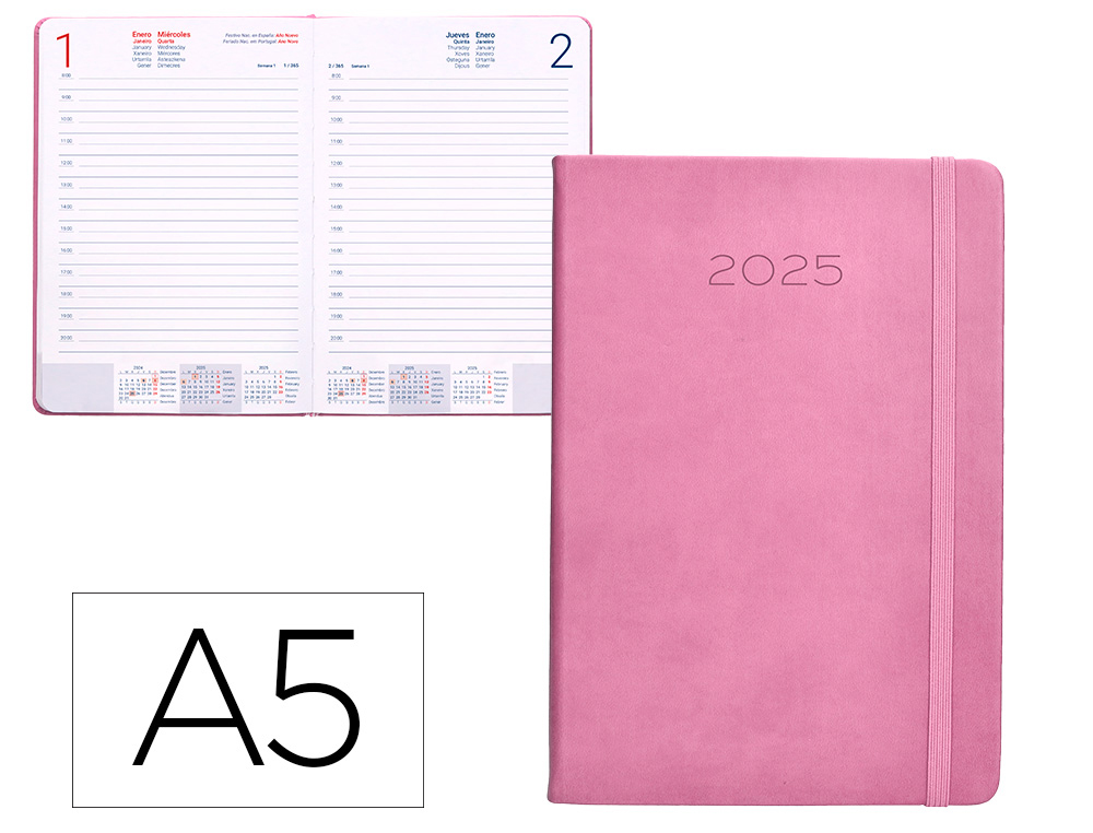 AGENDA ENCADERNADA LIDERPAPEL MYKONOS A5 2025 DIA PAGINA COR ROSA PAPEL 70 GR