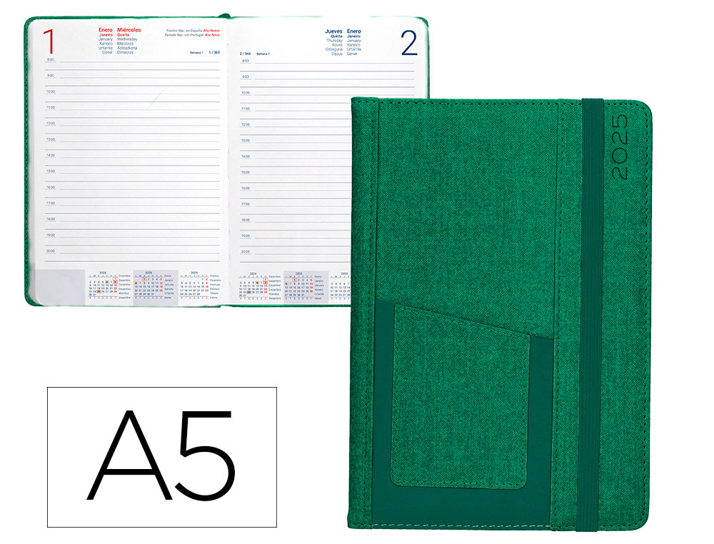 AGENDA ENCADERNADA LIDERPAPEL SARIA A5 2025 DIA PAGINA COR VERDE PAPEL 70 GR