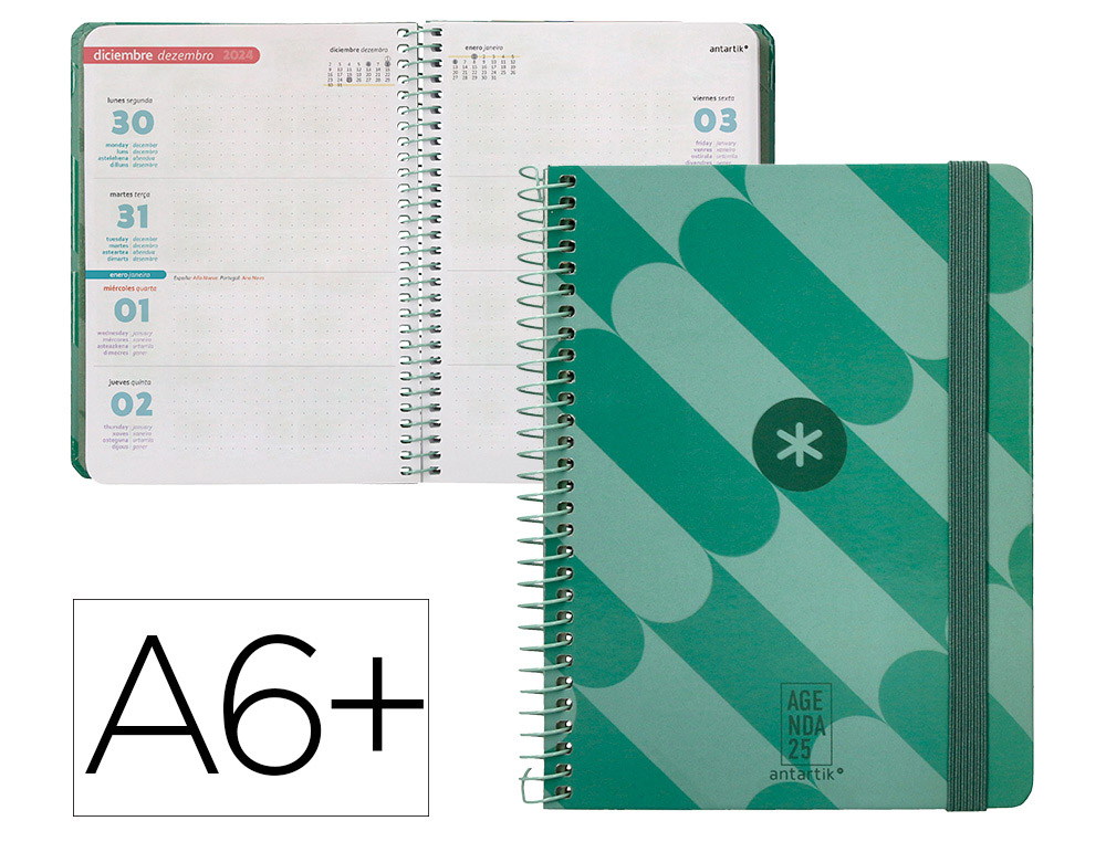 AGENDA ENCADERNADA ANTARTIK PATTERN A6+ 2025 SEMANA VISTA COR VERDE PAPEL 80 GR