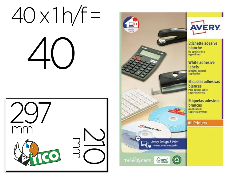 ETIQUETA ADESIVA AVERY BRANCA BRILHANTE LASER 210X297 MM CAIXA DE 40 UNIDADES
