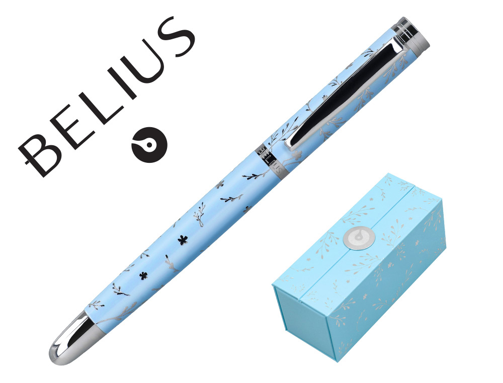 CANETA BELIUS COLECAO1 ALUMINIO COR AZUL CELESTE DESENHO PRATEADO RELEVO TINTA AZUL CAIXA DE DESIGN