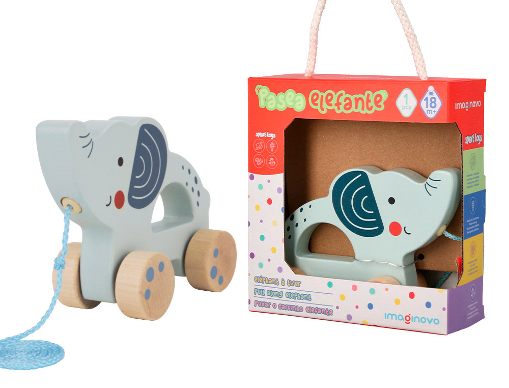 JOGO INFANTIL IMAGINOVO MADEIRA ELEFANTE PARA ARRASTAR COM RODAS +12 MESES 13,4X10X5,4CM