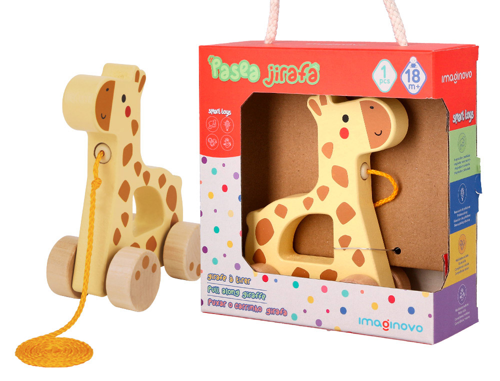 JOGO INFANTIL IMAGINOVO MADEIRA GIRAFA PARA ARRASTAR COM RODAS +12 MESES 16X12X5,4CM