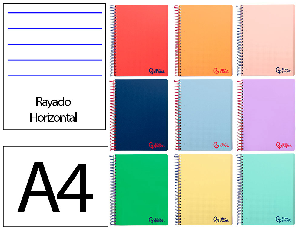 CADERNO ESPIRAL LIDERPAPEL A4 MICRO WONDER CAPA PLASTICO 120F 90 GR HORIZONTAL 5 BANDAS 4 FUROS CORES SORTIDAS