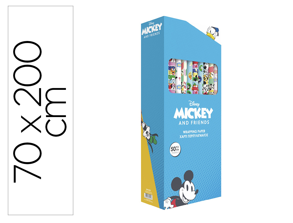 PAPEL FANTASIA BASIKA DISNEY MICKEY AND FRIENDS ROLO LARGURA 70 CM COMPRIMENTO 2 MT DESENHOS SORTIDOS GRAMAGEM 60 GR