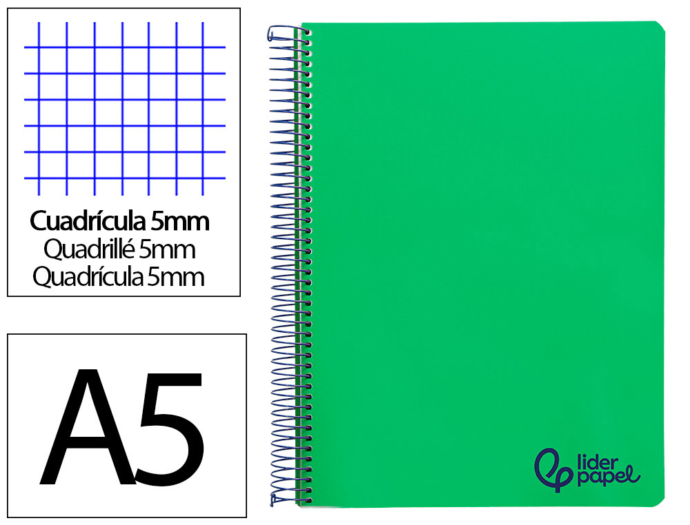 CADERNO ESPIRAL LIDERPAPEL A5 MICRO WONDER CAPA PLASTICO 120F 90GR QUADRICULA 5MM 5 BANDAS 6 FUROS COR VERDE ESCURO