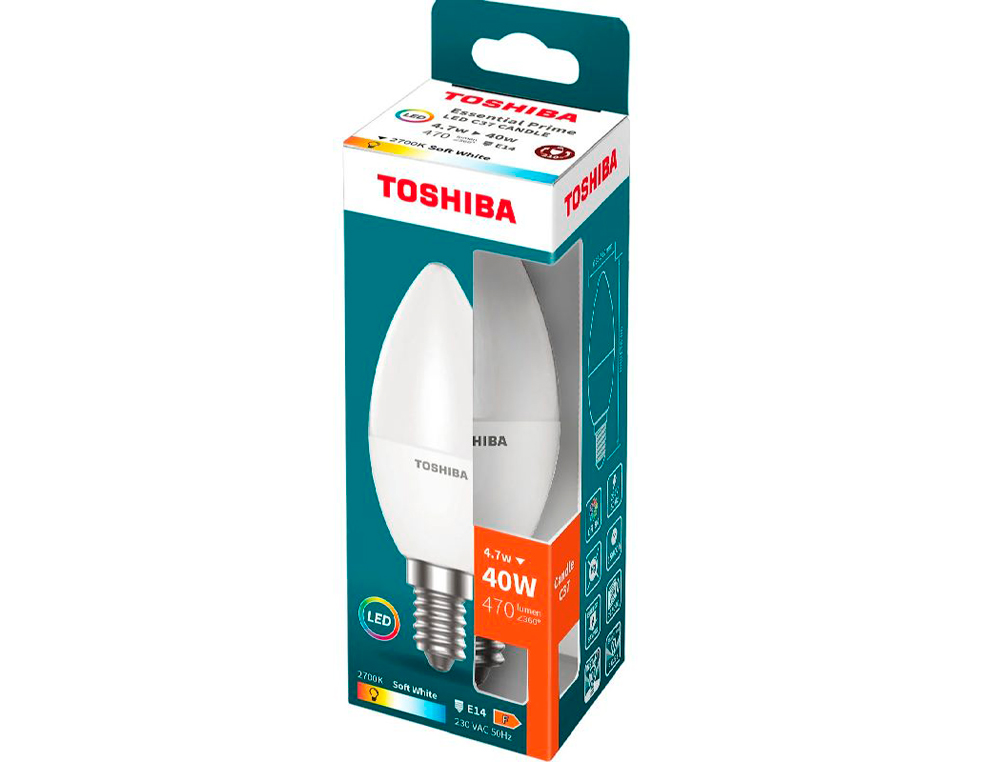 LAMPADA LED TOSHIBA ESSENTIAL C37 E14 4.7W LUZ QUENTE 2700K