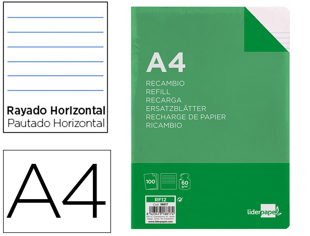 RECARGA LIDERPAPEL FOLIO 100 F 16TF-02 1 RAYA HORIZONTAL 16 FUROS