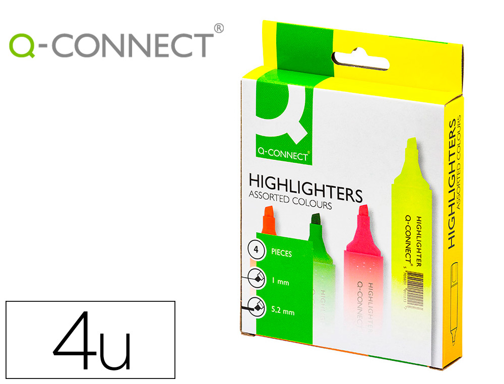 MARCADOR FLUORESCENTE Q-CONNECT DE PONTA BISELADA - BOLSA DE 4 MARCADORES