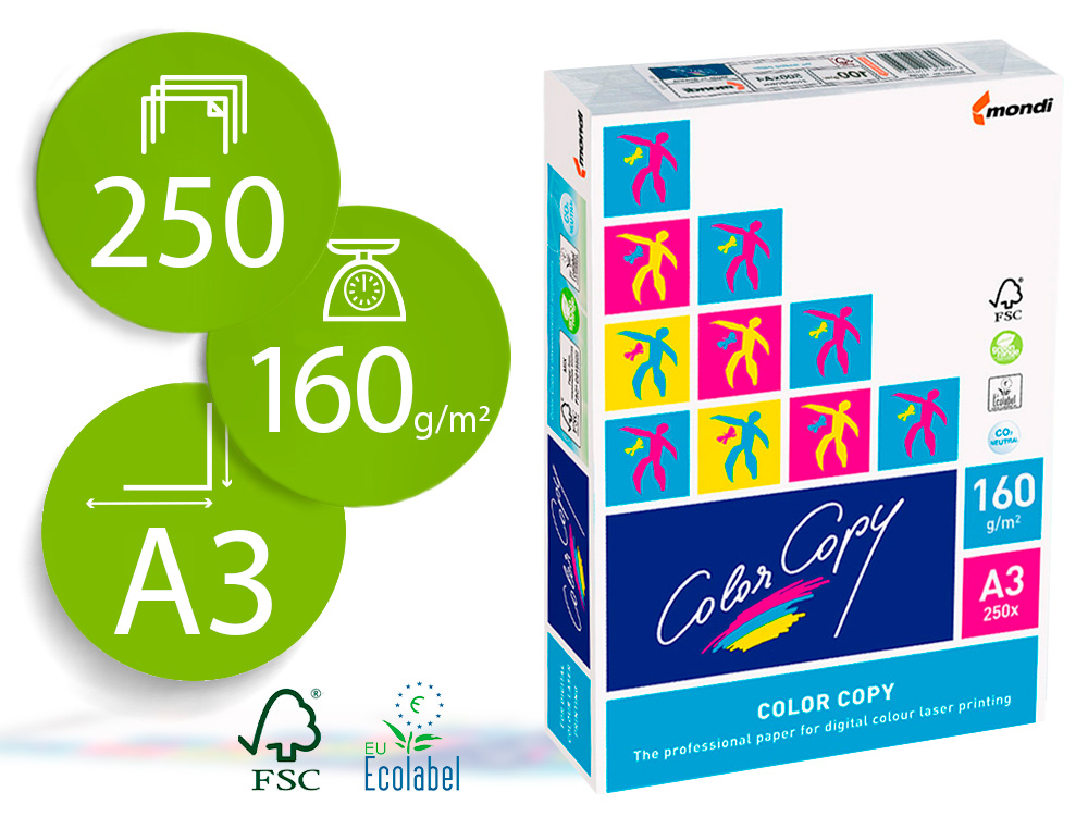 PAPEL COLOR COPY BRILHANTE DIN A3 160 GR EMBALAGEM DE 250 FOLHAS